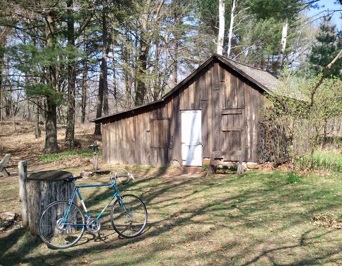 shack with white door among pines; blue bicycle stands against log in front