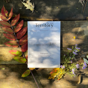 product shot of The New Territory Issue 11: Emergence. Cover image is a foggy Midwestern morning shot by Al Griffin. Magazine is placed on aging wood panels surrounded by fall leaves and small asters.