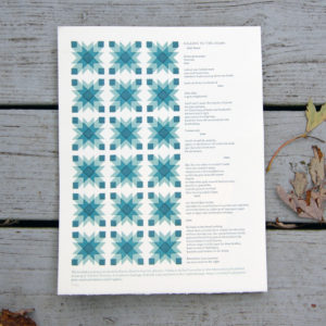 broadside of a poem on the right-hand side of the sheet, and a quilt-like pattern in cerulean blue tones on the left