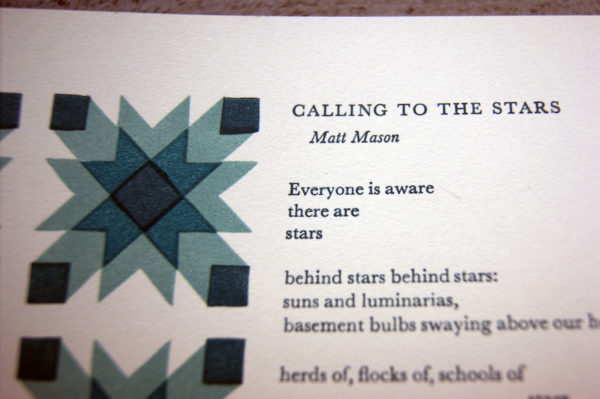 top margin detail of "Calling to the Stars" broadside, showing poem title and first few lines of the poem, with one star quilt pattern square next to the text