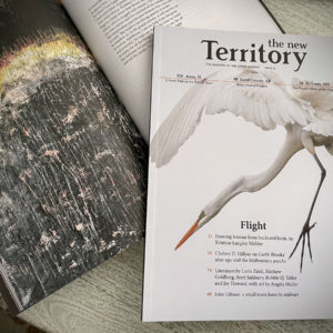 magazine cover with great egret sits on top of open magazine featuring art and poetry
