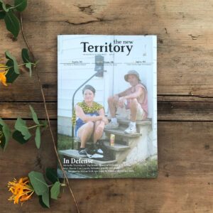 The New Territory Issue 02 cover with two people drinking beer on a stoop; the magazine is on a warm wood background with yellow honeysuckle placed beside it.