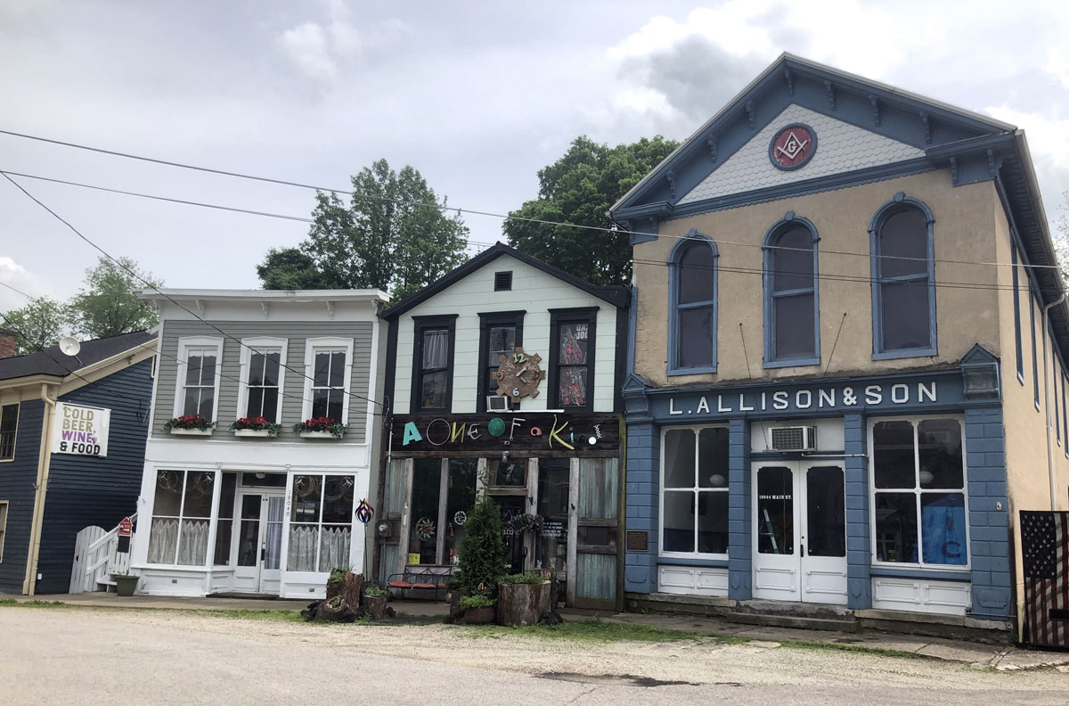 three historic two-story buildings in Metamora, Indiana
