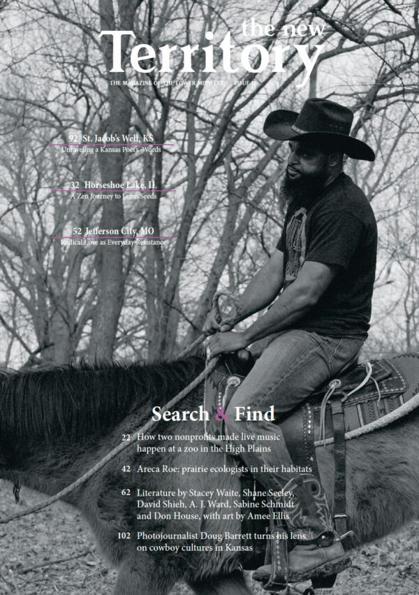 The New Territory magazine cover with a cowboy on the cover and sell lines on the top left and bottom center of the magazine. The photo is black and white, focused on the mane of a dark-colored horse. The cowboy is a Black man with a beard, black cowboy hat, t-shirt, and jeans.