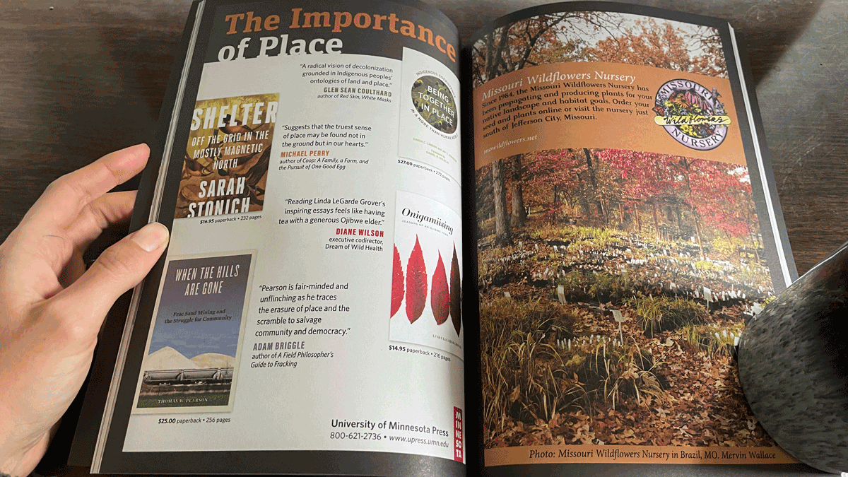 open spread of magazine sponsor section; the left side advertises books from a university press and the right side advertises a native plant nursery