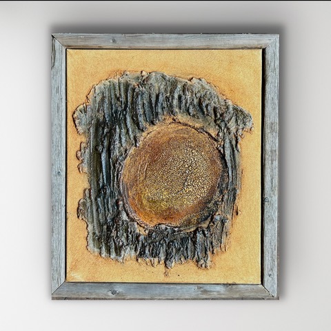 highly textured image of vaguely circular shapes, primarily in yellows, browns, and grays, framed in gray. Feeling evokes the Midwestern prairie.