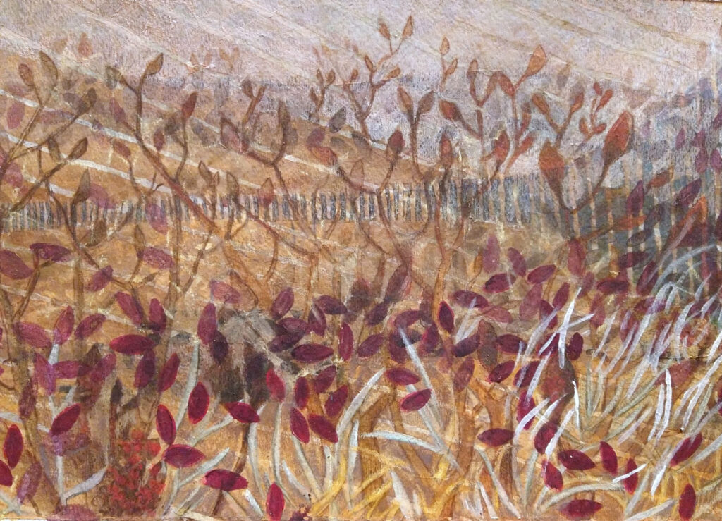 art piece depicting red leaves and brown leaves with a fence in the background