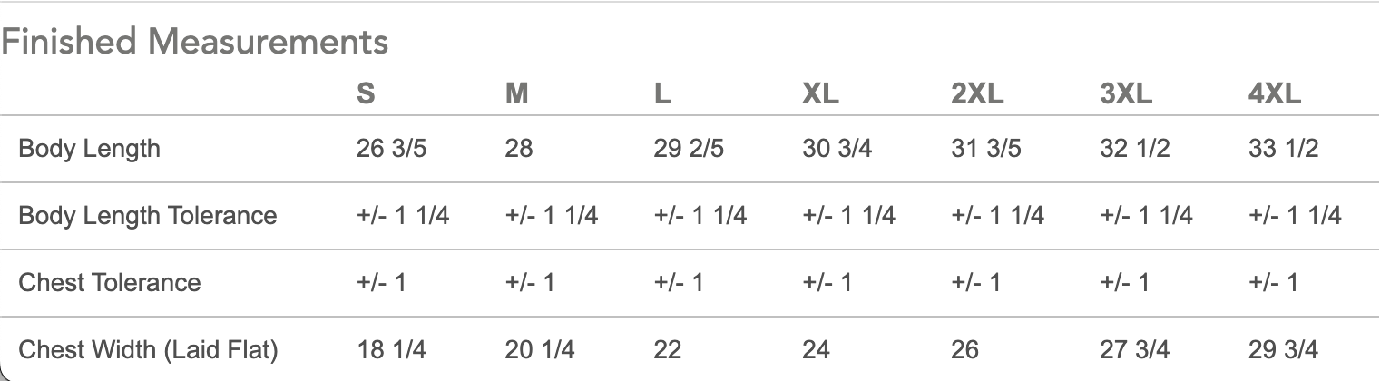 t-shirt specs table