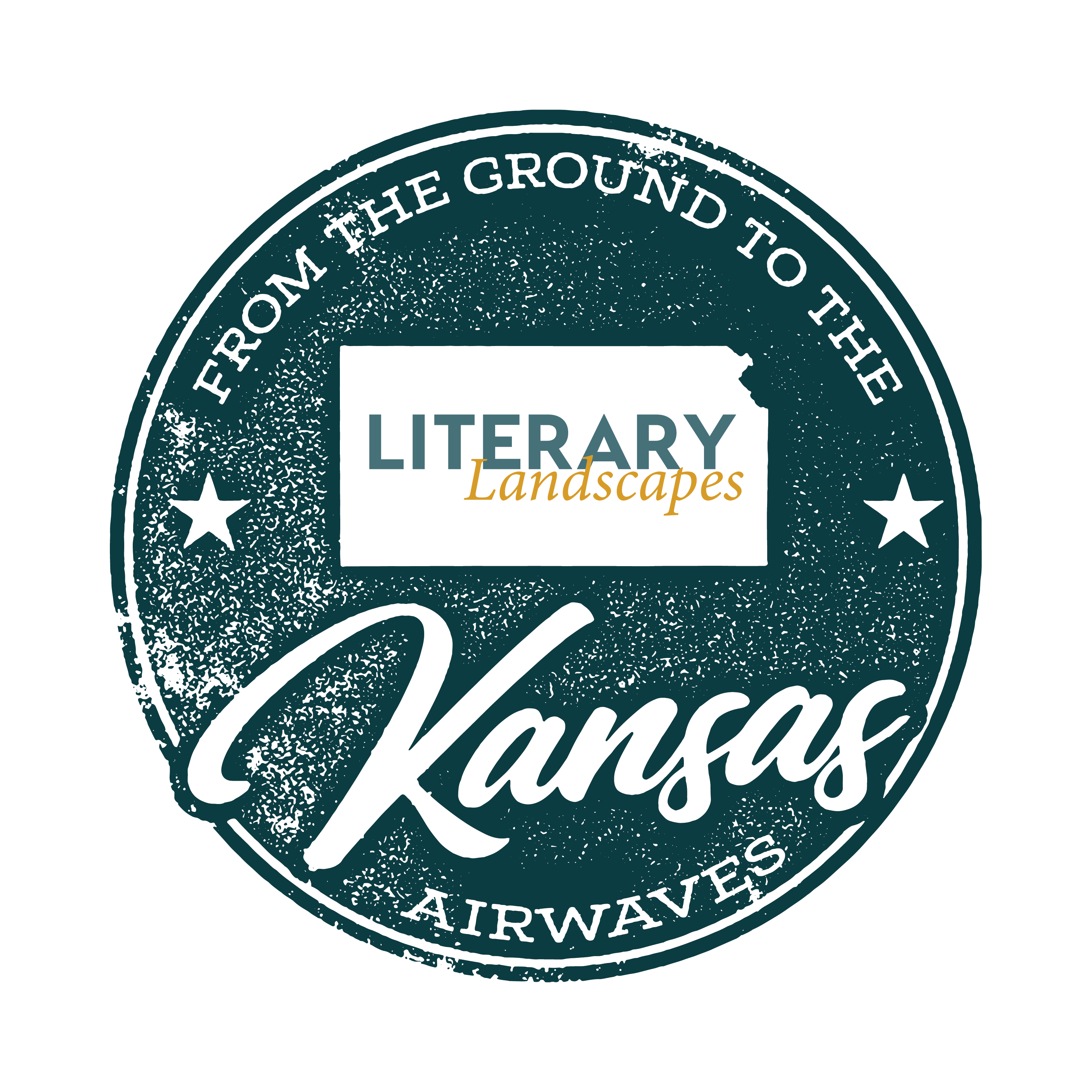 a blue stamp that says Kansas: from the ground to the airwaves; with the shape of Kansas and "Literary Landscapes" in the middle