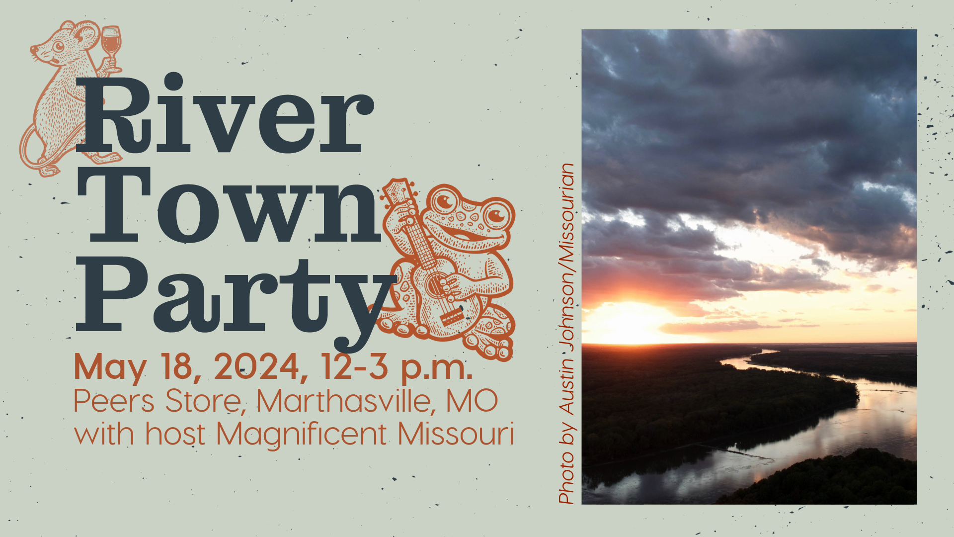 Graphic with a primary color vibe shows a photo of the Missouri River at sunset with text, "River Town Party" and graphics of a rat drinking wine and a frog playing music.