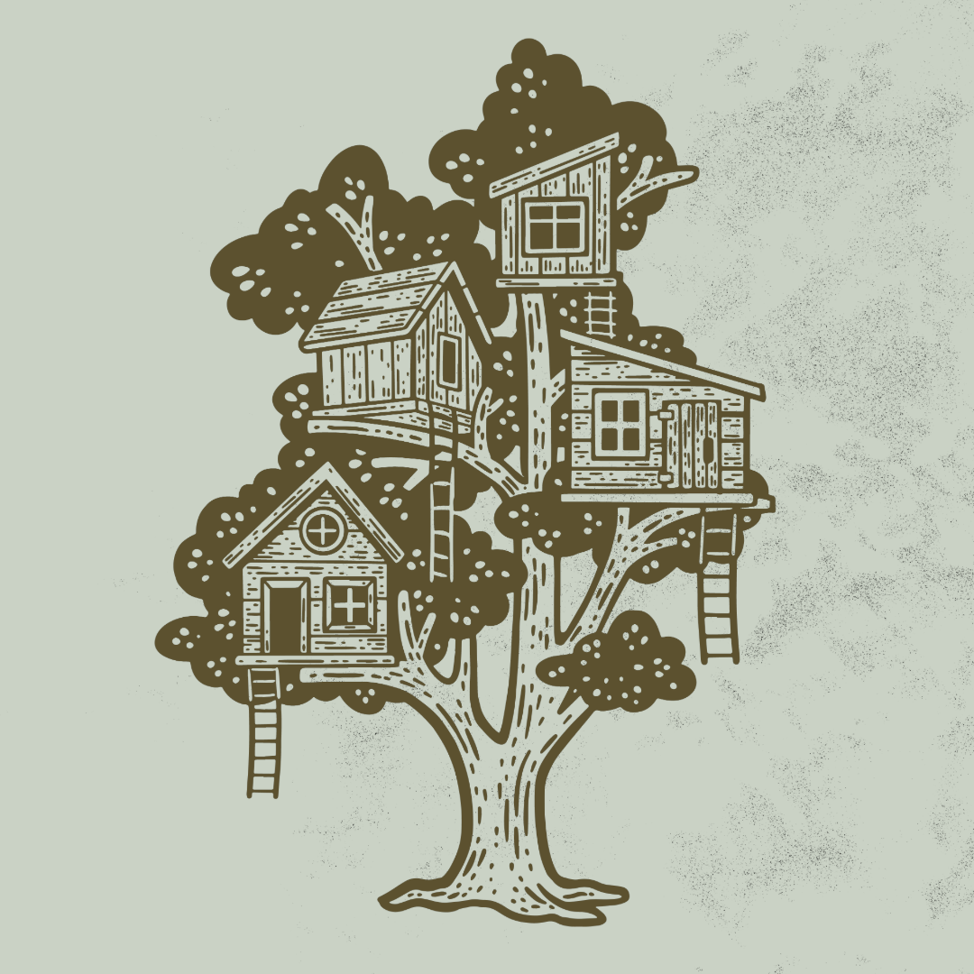 treehouse scratchboard drawing on natural textured blue background