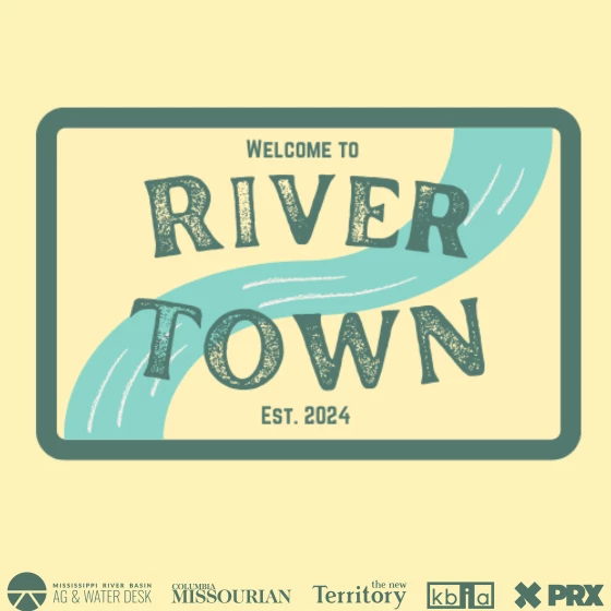 yellow background with blue river shape and "River Town, est. 2024" and sponsor logos on bottom