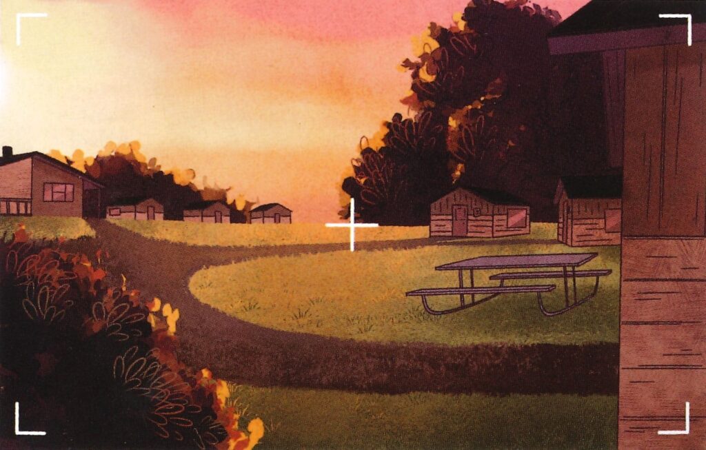 Frame of an illustration from The Golden Hour by Niki Smith shows a camp of simple cabins in a sunset, with a picnic table in the foreground and trees in the background.