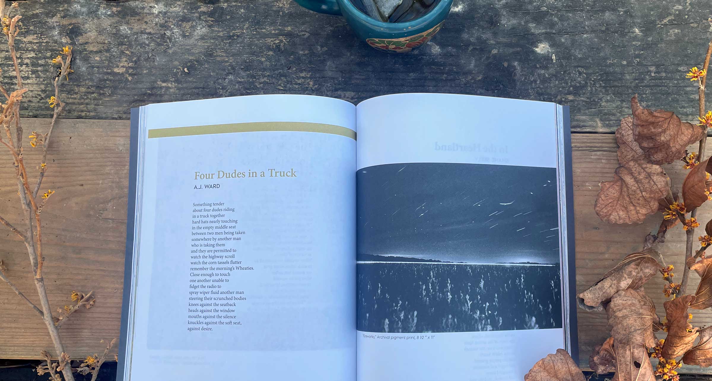 open magazine with poem on left page and photograph on right