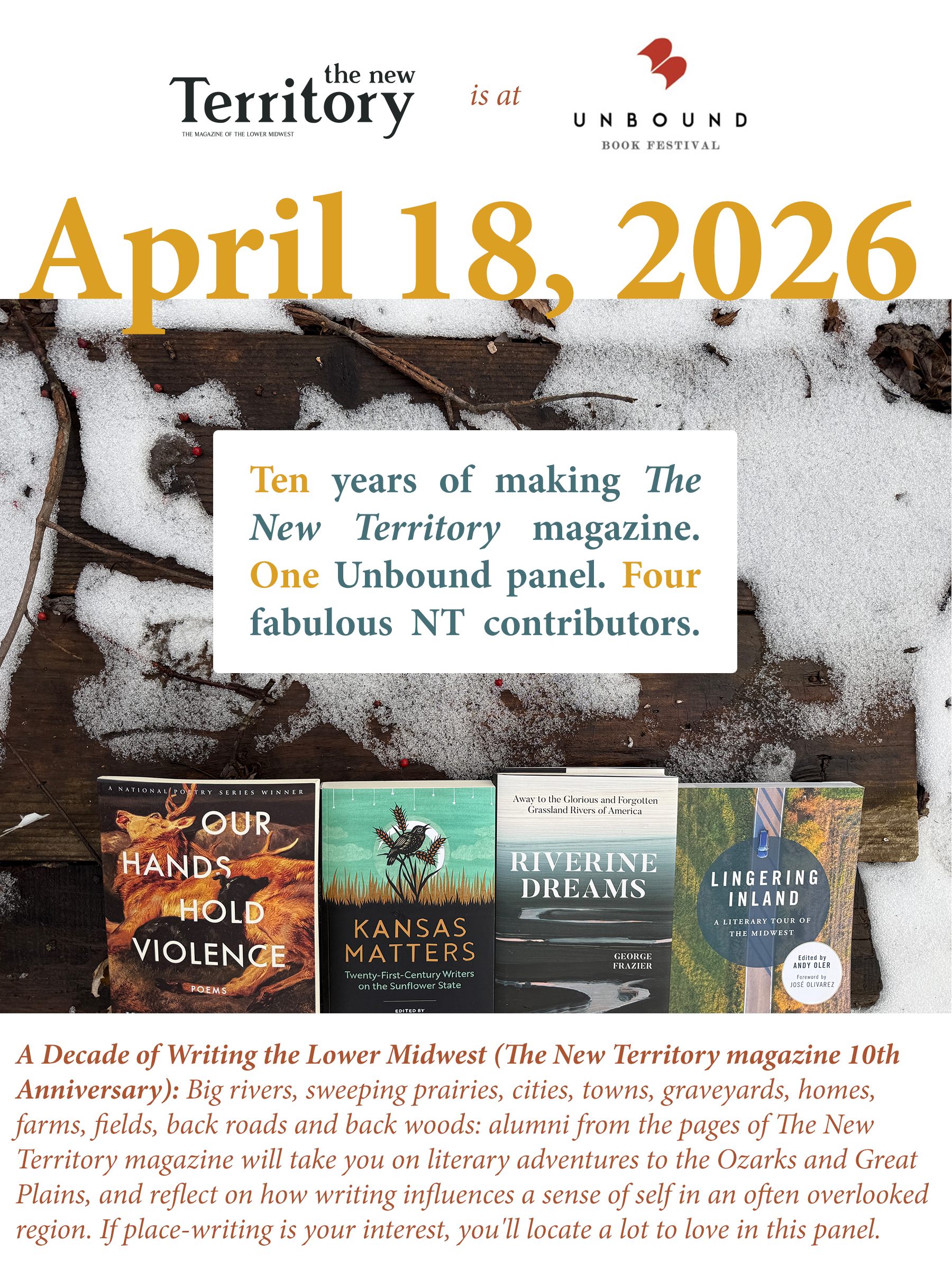 poster with images of books and text APRIL 18, 2026; Ten years of making The New Territory magazine. One Unbound panel. Four fabulous NT contributors.